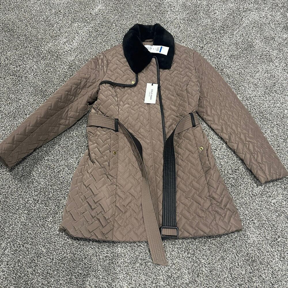 Cole Haan Women’s XL Faux Fur Trench Coat Brown Winter Jacket New w/Tags - Picture 3 of 11